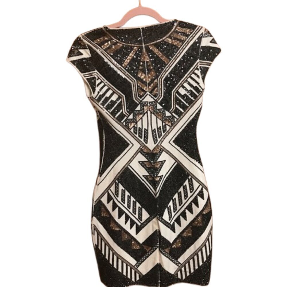 Express Geometric Sequin Bodycon Mini Dress Black White Gold Party/Cocktail XS - Picture 4 of 8